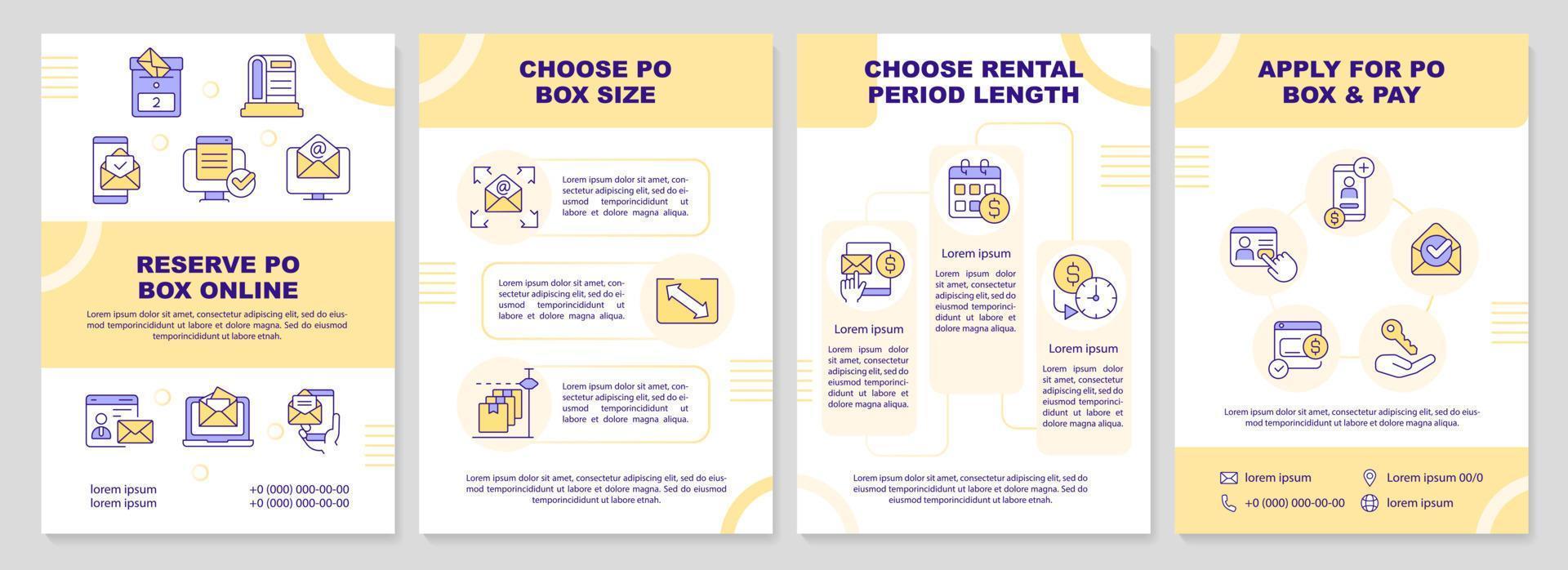 Postal box services yellow brochure template. Mailbox. Leaflet design with linear icons. Editable 4 vector layouts for presentation, annual reports