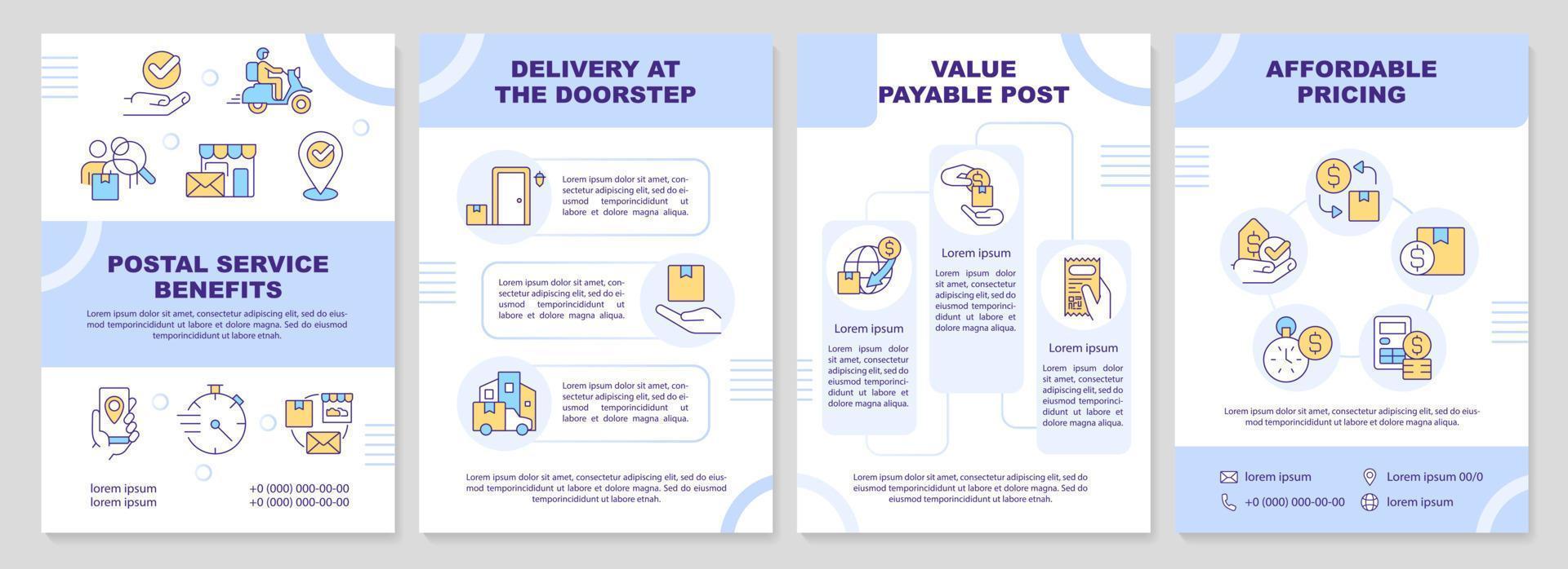 Postal service benefits purple brochure template. Delivery. Leaflet design with linear icons. Editable 4 vector layouts for presentation, annual reports