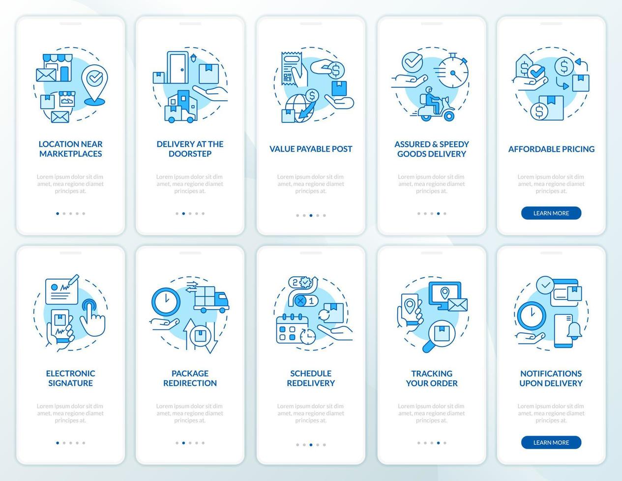 Delivery service advantages blue onboarding mobile app screen. Walkthrough 5 steps editable graphic instructions with linear concepts. UI, UX, GUI template vector