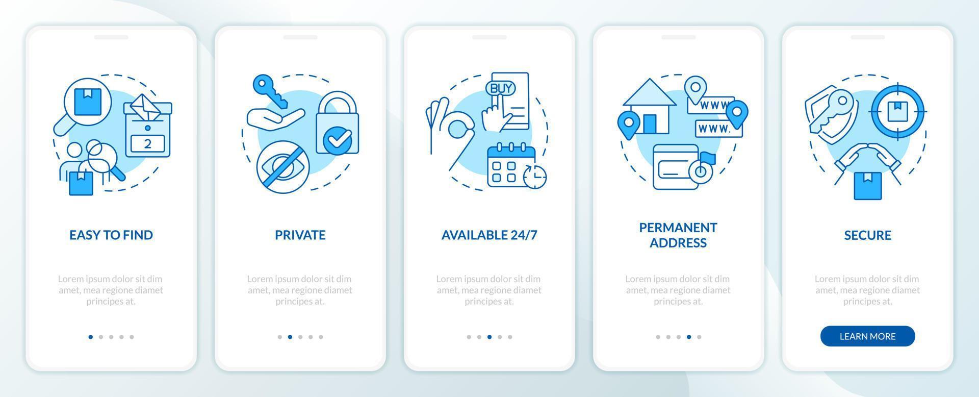 Using mailboxes benefits blue onboarding mobile app screen. Walkthrough 5 steps editable graphic instructions with linear concepts. UI, UX, GUI template vector