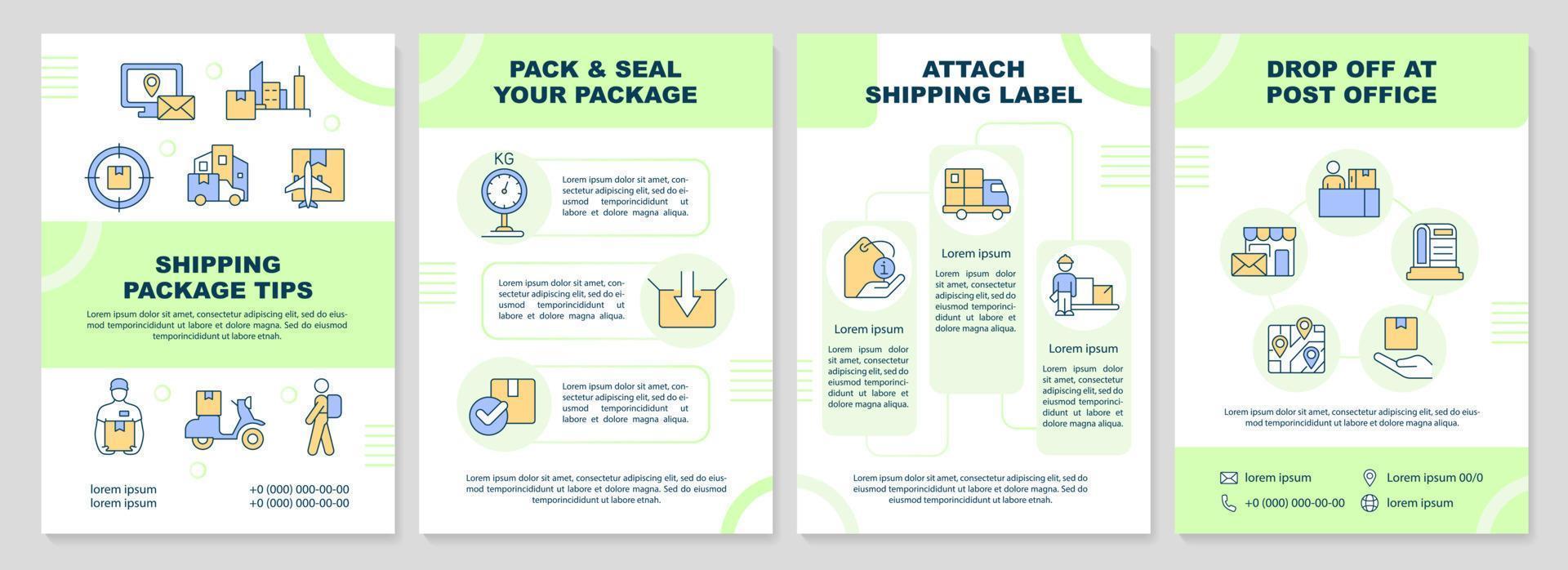 Shipping package tips light green brochure template. Leaflet design with linear icons. Editable 4 vector layouts for presentation, annual reports