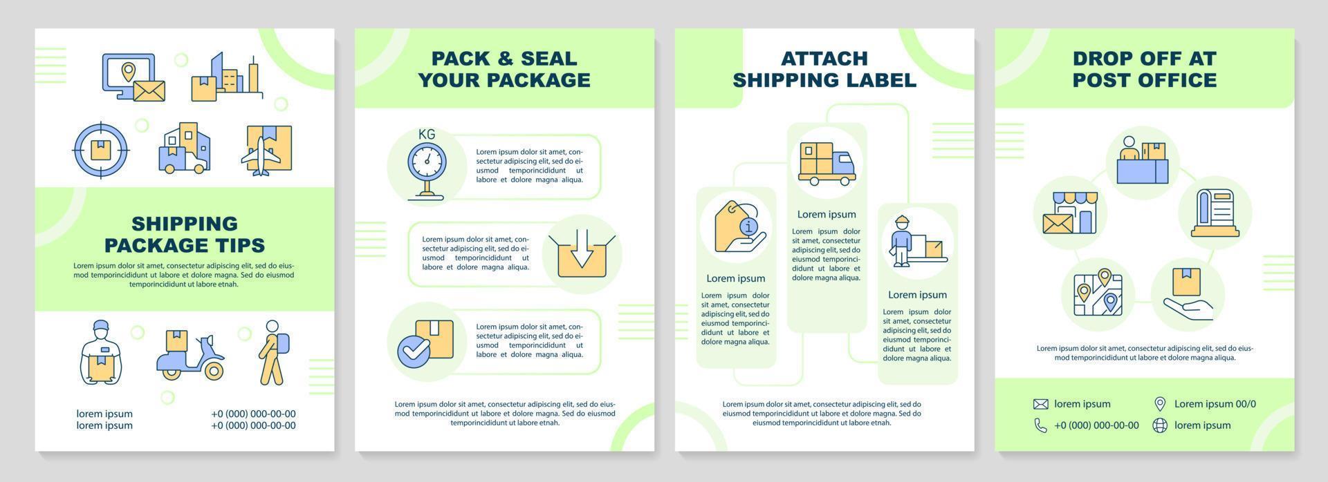 Envío paquete consejos ligero verde folleto modelo. folleto diseño con lineal iconos editable 4 4 vector diseños para presentación, anual informes