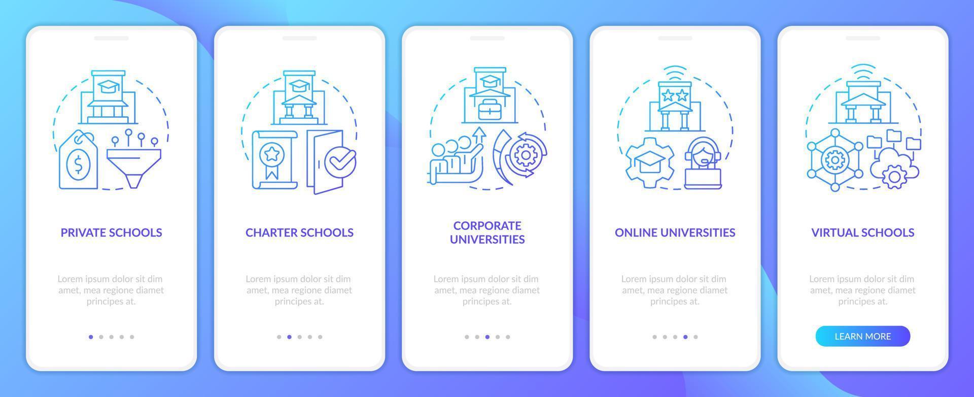 Schools and service providers blue gradient onboarding mobile app screen. Walkthrough 5 steps graphic instructions with linear concepts. UI, UX, GUI template vector