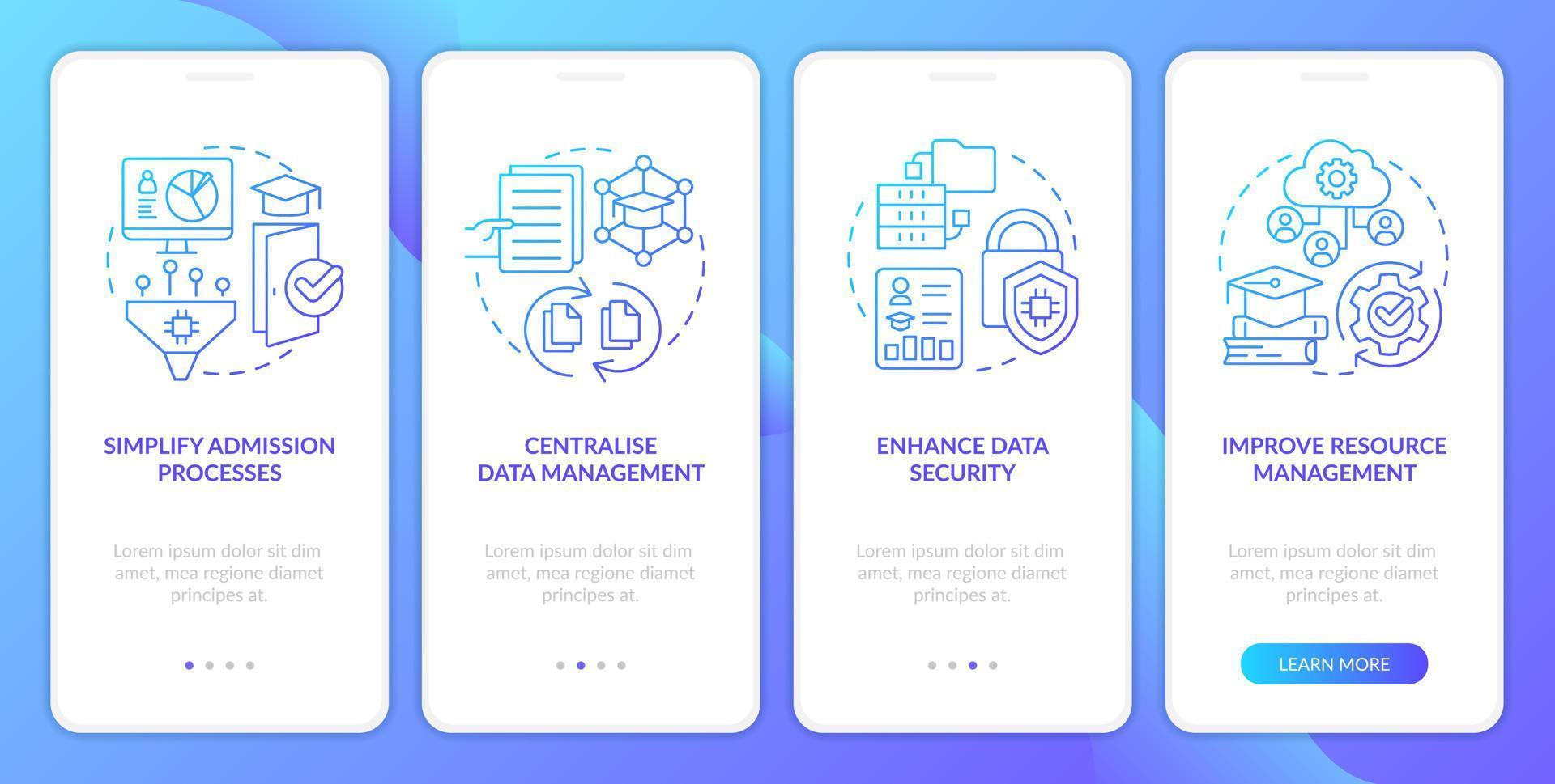 industria específico erp beneficios azul degradado inducción móvil aplicación pantalla. recorrido 4 4 pasos gráfico instrucciones con lineal conceptos. ui, ux, gui modelo vector