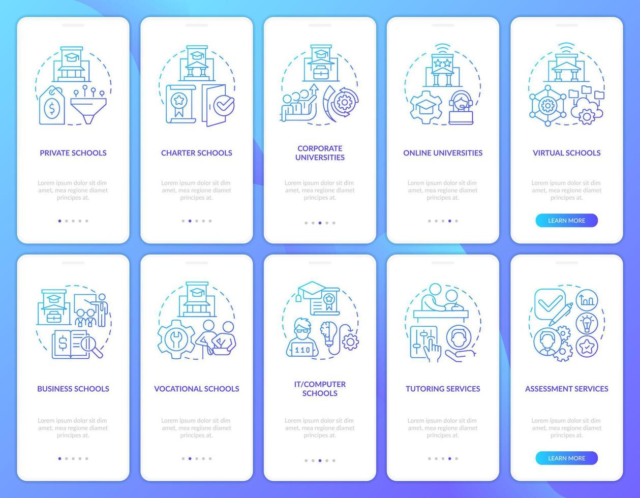 Education service providers blue gradient onboarding mobile app screen set. Walkthrough 5 steps graphic instructions with linear concepts. UI, UX, GUI template vector