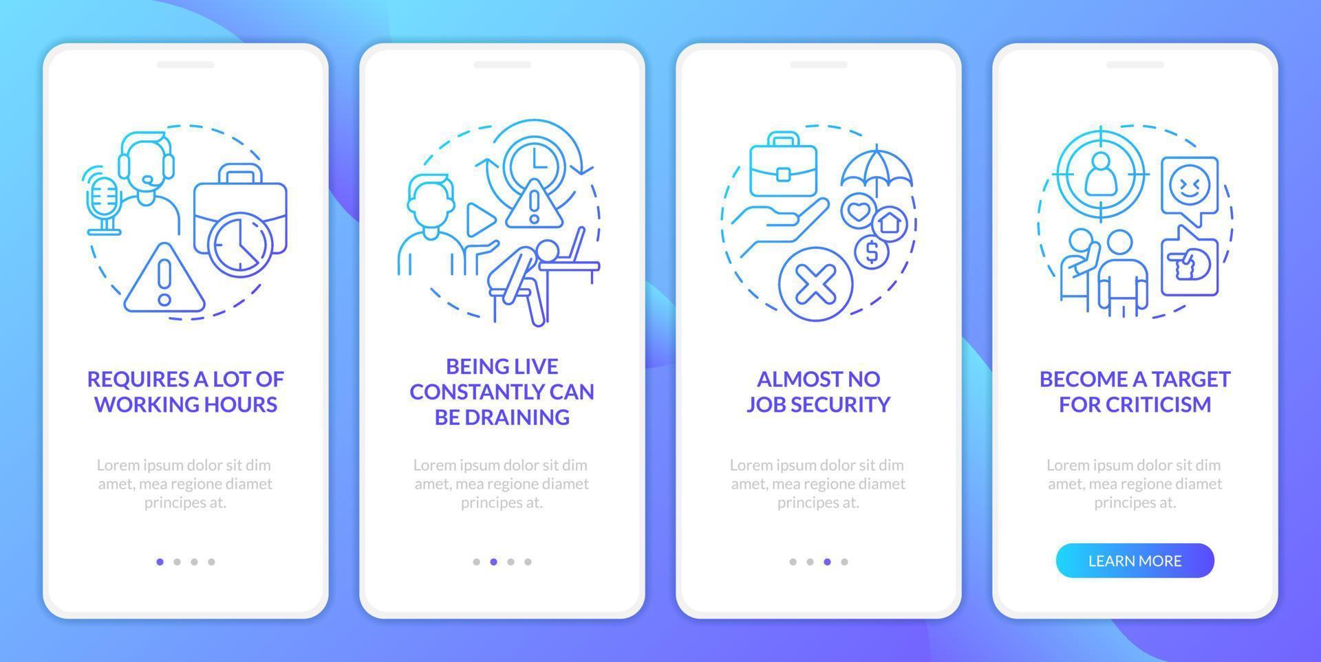 Professional streamer problems blue gradient onboarding mobile app screen. Walkthrough 4 steps graphic instructions with linear concepts. UI, UX, GUI template vector