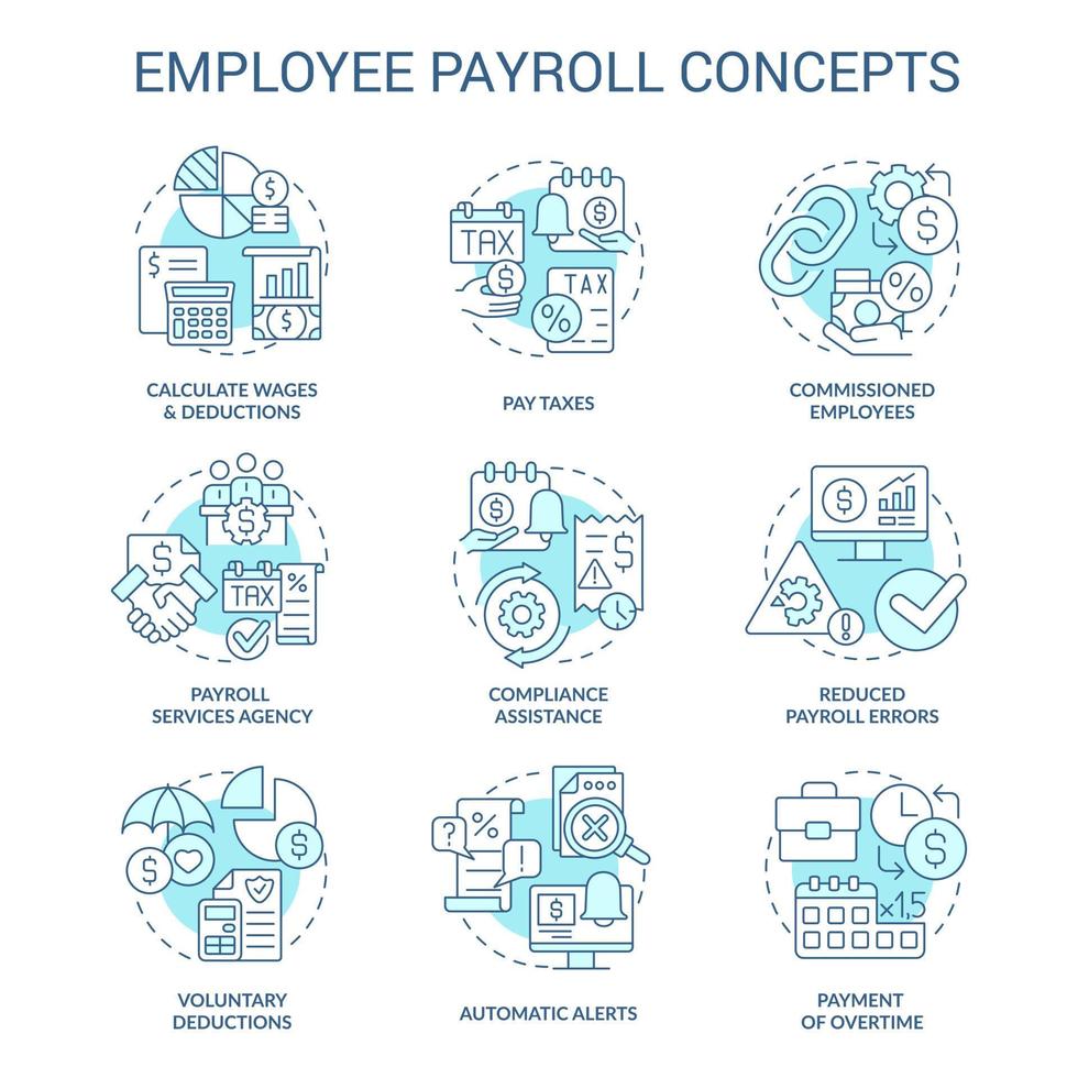 Employee payroll turquoise concept icons set. Worker salary for job. Compensation idea thin line color illustrations. Isolated symbols. Editable stroke vector