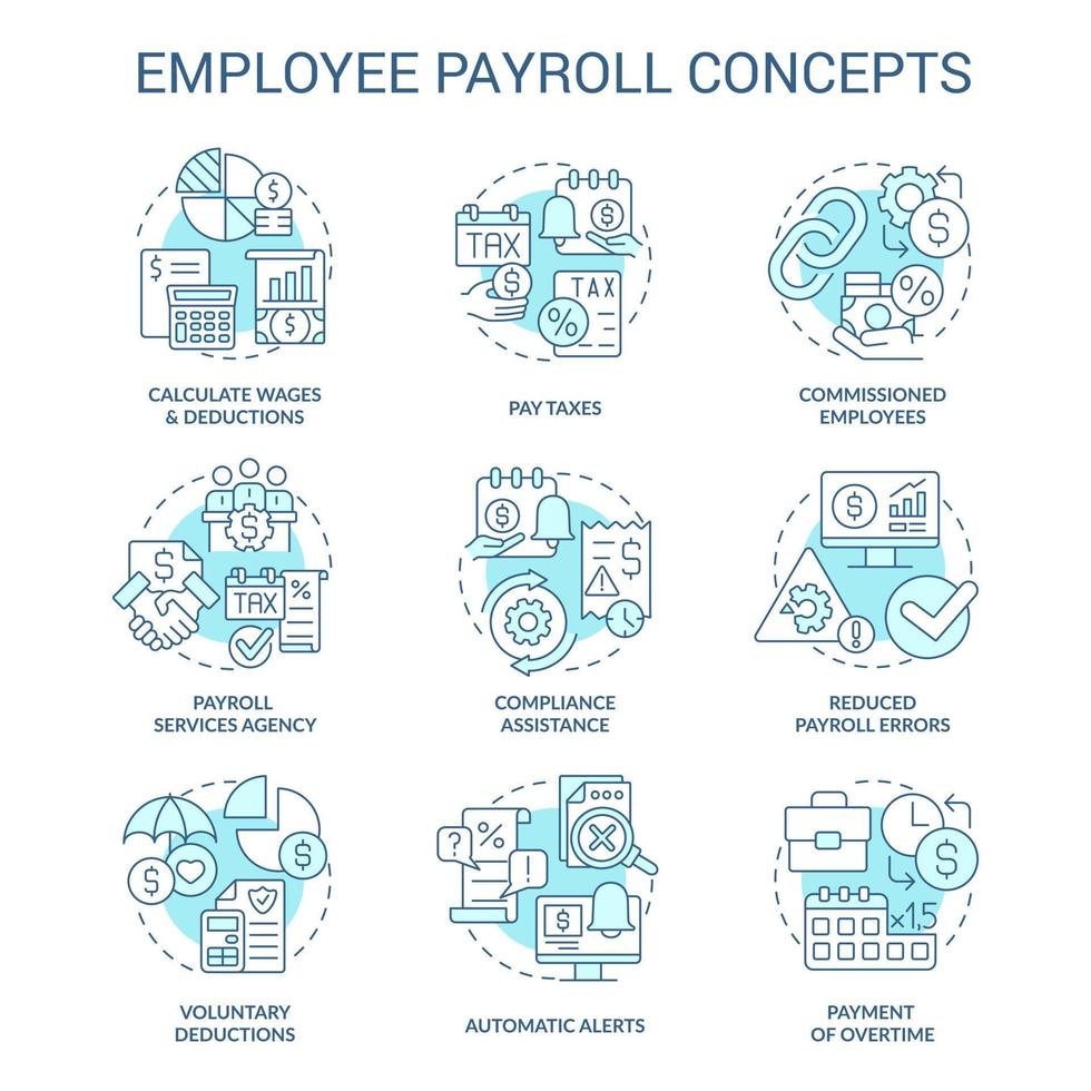 Employee payroll turquoise concept icons set. Worker salary for job. Compensation idea thin line color illustrations. Isolated symbols. Editable stroke vector