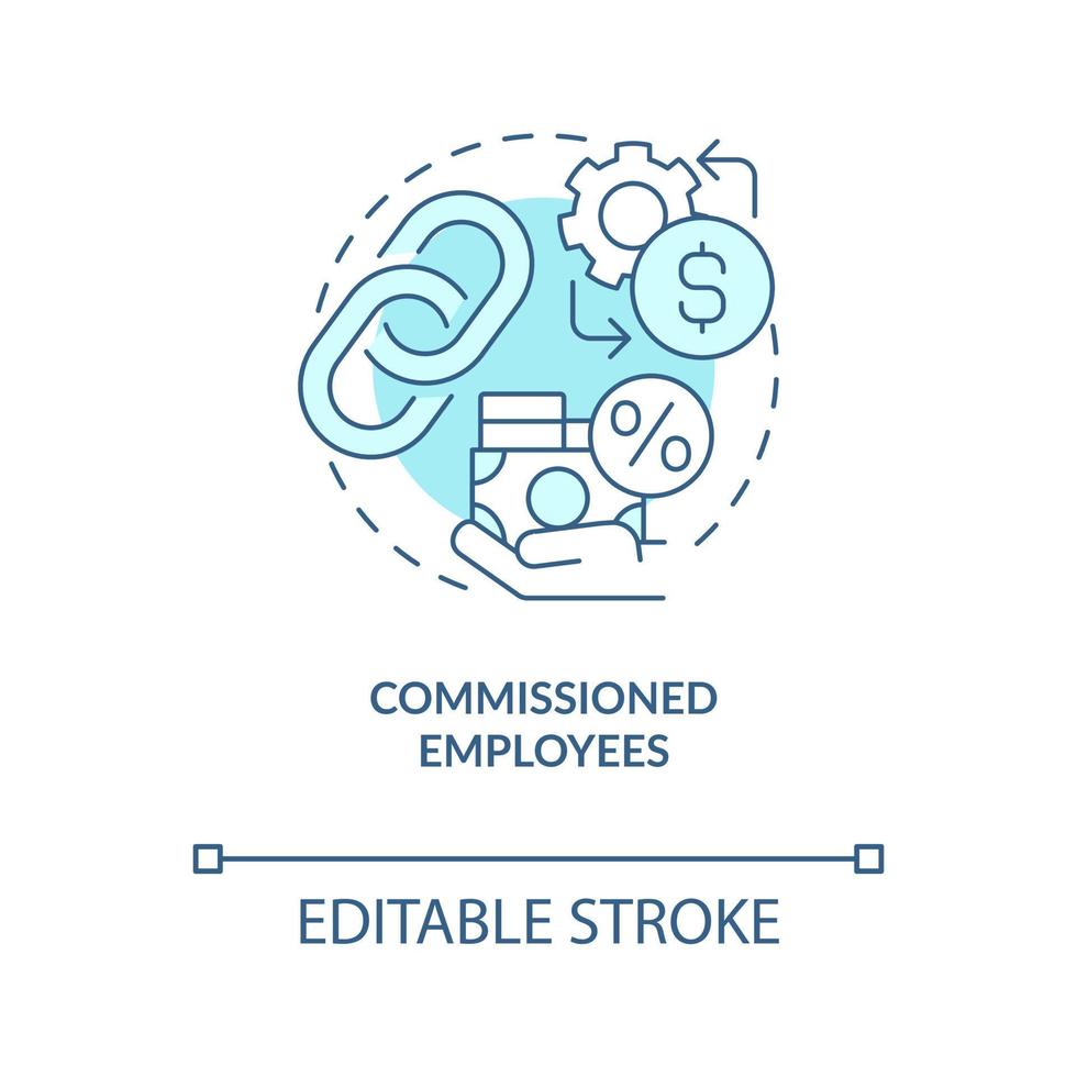 Commissioned employees turquoise concept icon. Percentage of deal. Payroll processing abstract idea thin line illustration. Isolated outline drawing. Editable stroke vector