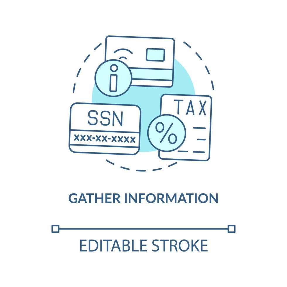 Gather information turquoise concept icon. Personal employee data. Payroll processing abstract idea thin line illustration. Isolated outline drawing. Editable stroke vector