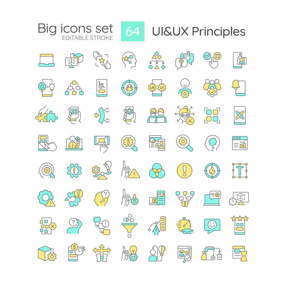 UI UX principles RGB color big icons set. User experience design. Product usability. Isolated vector illustrations. Simple filled line drawings collection. Editable stroke