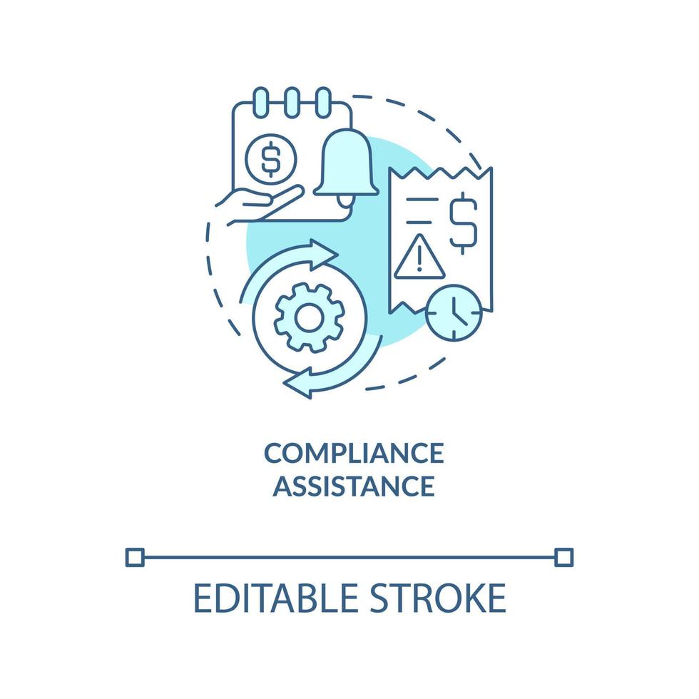 Compliance assistance turquoise concept icon. Payroll management software benefit abstract idea thin line illustration. Isolated outline drawing. Editable stroke vector