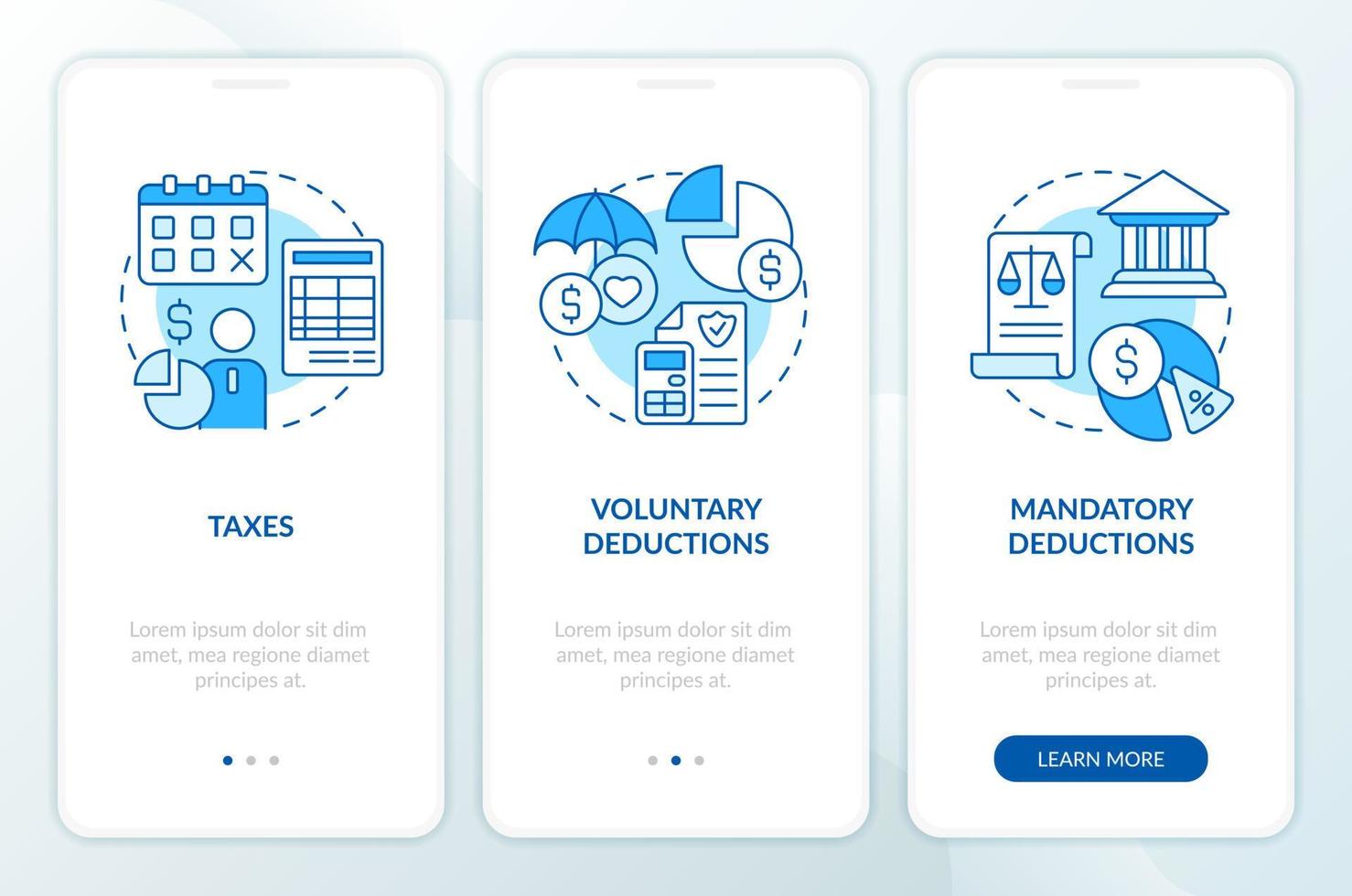 Payroll deductions types blue onboarding mobile app screen. Withhold walkthrough 3 steps editable graphic instructions with linear concepts. UI, UX, GUI template vector