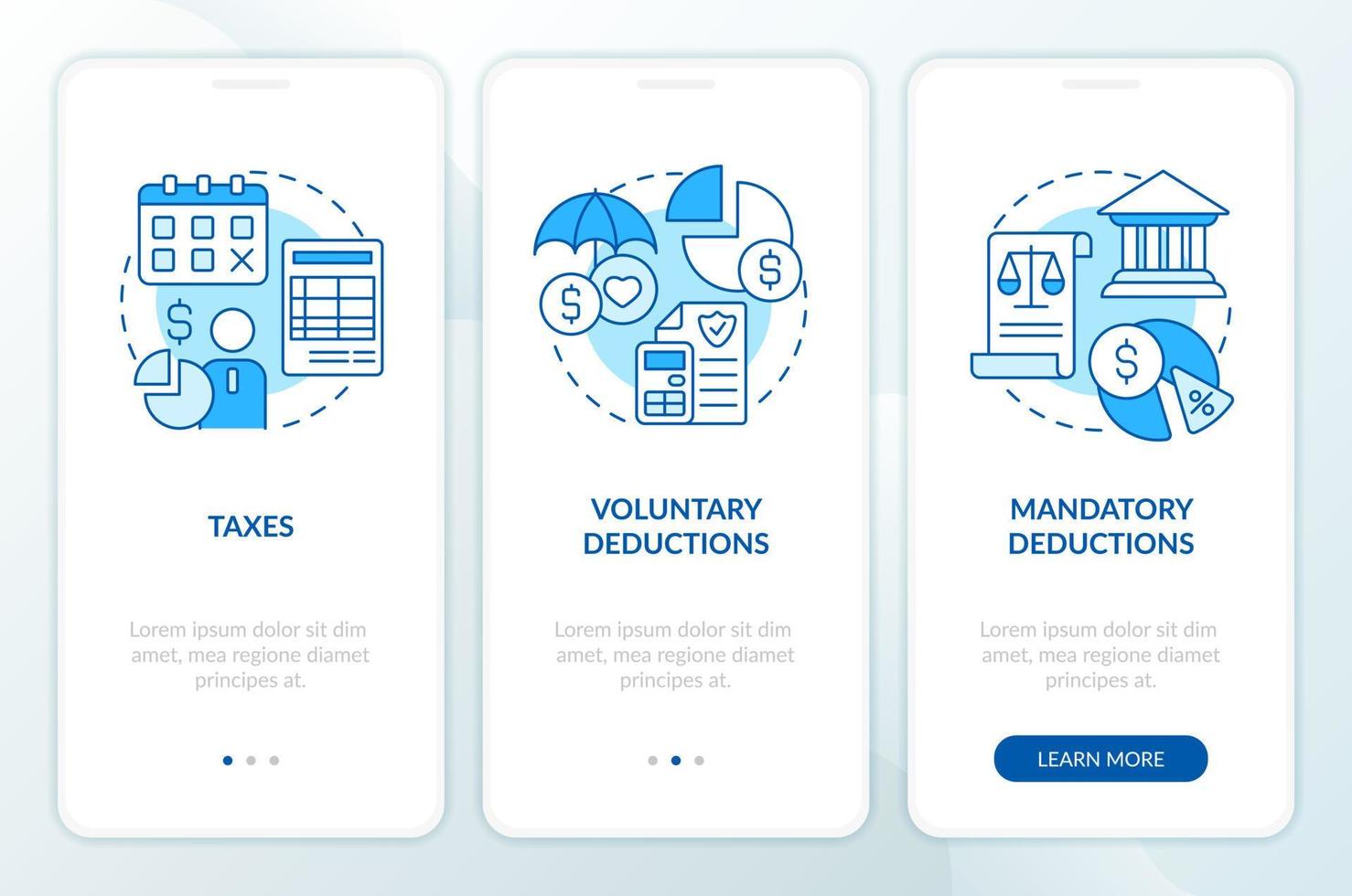 nómina de sueldos deducciones tipos azul inducción móvil aplicación pantalla. retener recorrido 3 pasos editable gráfico instrucciones con lineal conceptos. ui, ux, gui modelo vector