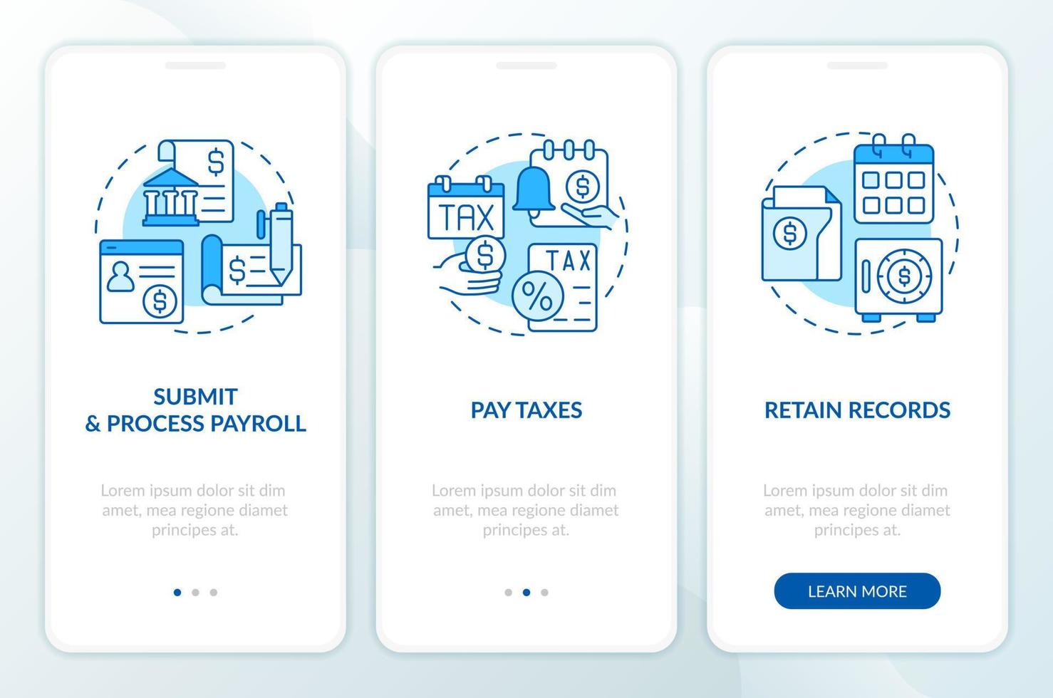 Stages of payroll processing blue onboarding mobile app screen. Walkthrough 3 steps editable graphic instructions with linear concepts. UI, UX, GUI template vector