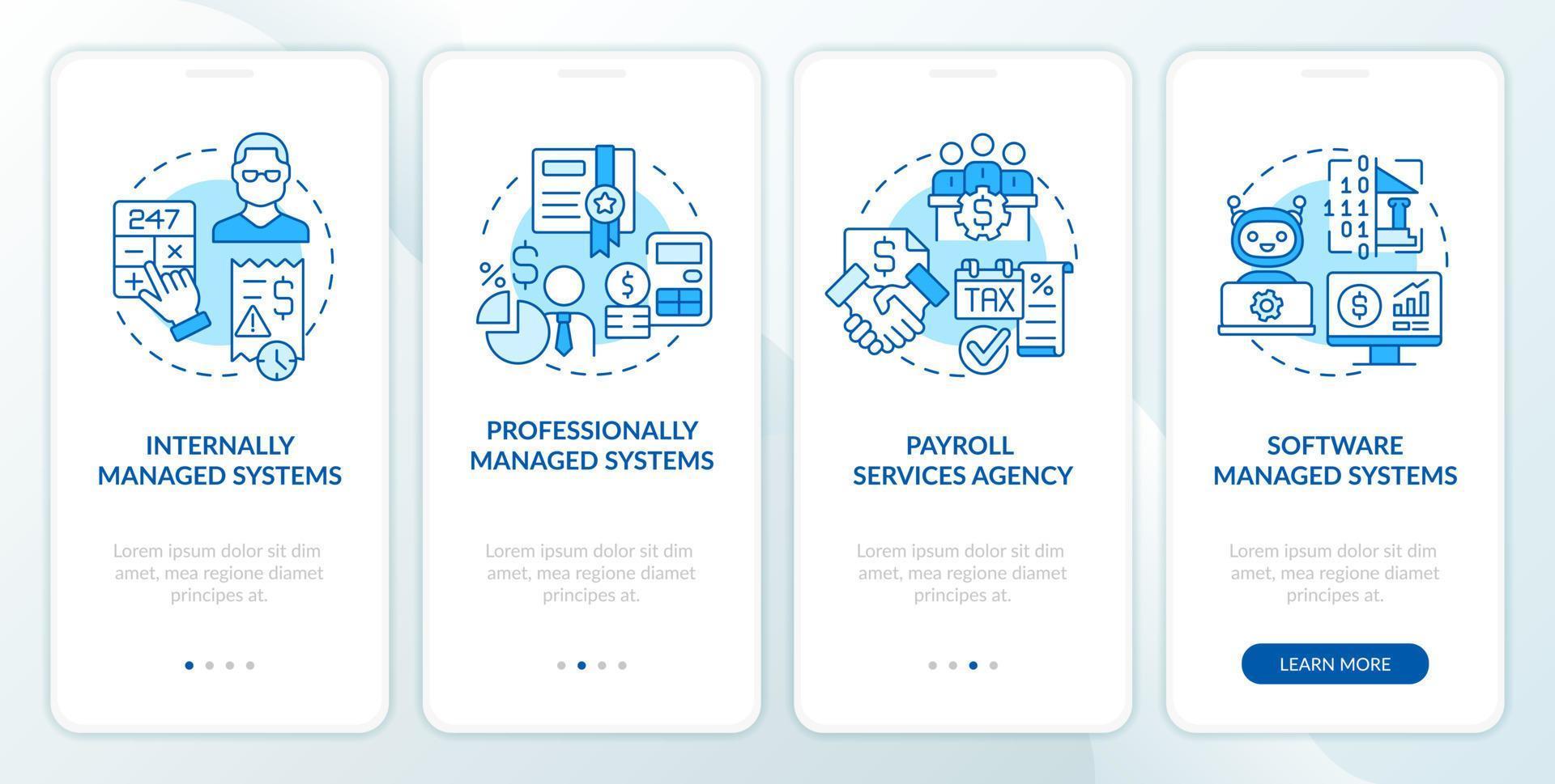 Types of payroll systems blue onboarding mobile app screen. Salary walkthrough 4 steps editable graphic instructions with linear concepts. UI, UX, GUI template vector