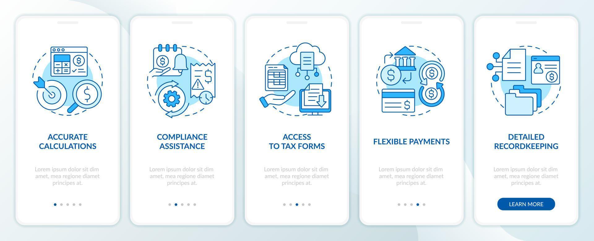 nómina de sueldos administración software pros azul inducción móvil aplicación pantalla. recorrido 5 5 pasos editable gráfico instrucciones con lineal conceptos. ui, ux, gui modelo vector