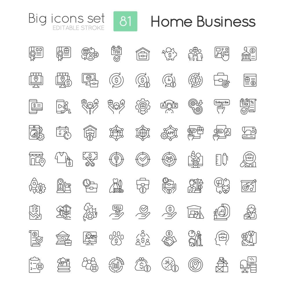 Home business linear big icons set. Self employment. Money earning. Distance work. Customizable thin line symbols. Isolated vector outline illustrations. Editable stroke