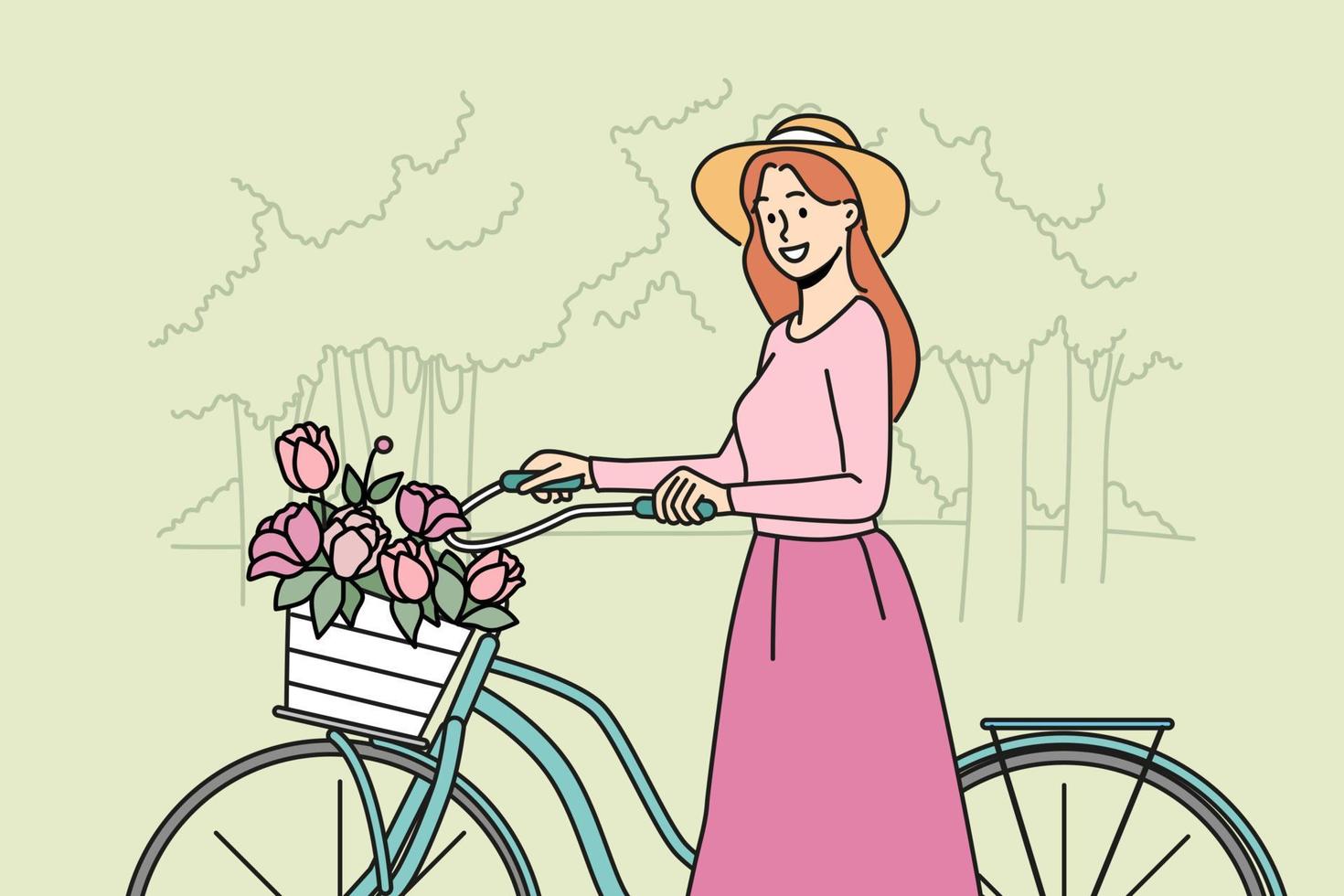 Smiling woman riding bike with flower basket in summer park. Happy girl with bicycle enjoy walk in forest in summertime. Vector illustration.