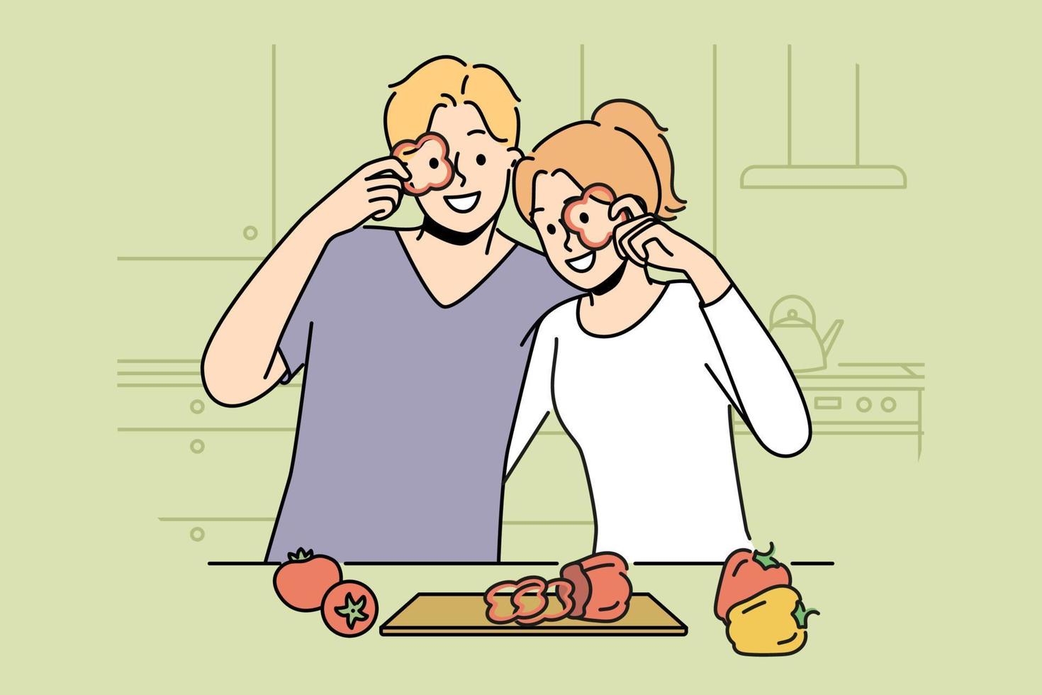 sonriente Pareja corte vegetales a hogar cocina preparando comida juntos. contento hombre y mujer Cocinando en fin de semana. cocina y comida preparación. vector ilustración.