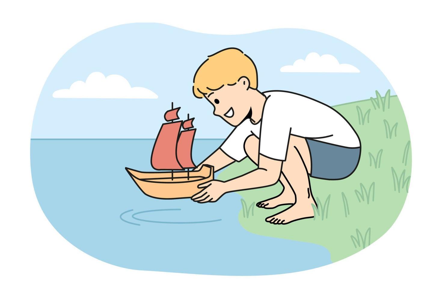 contento chico niño con juguete barco jugando en río banco. sonriente niño lanzamiento Embarcacion en agua tener divertido en mar costa. vector ilustración.