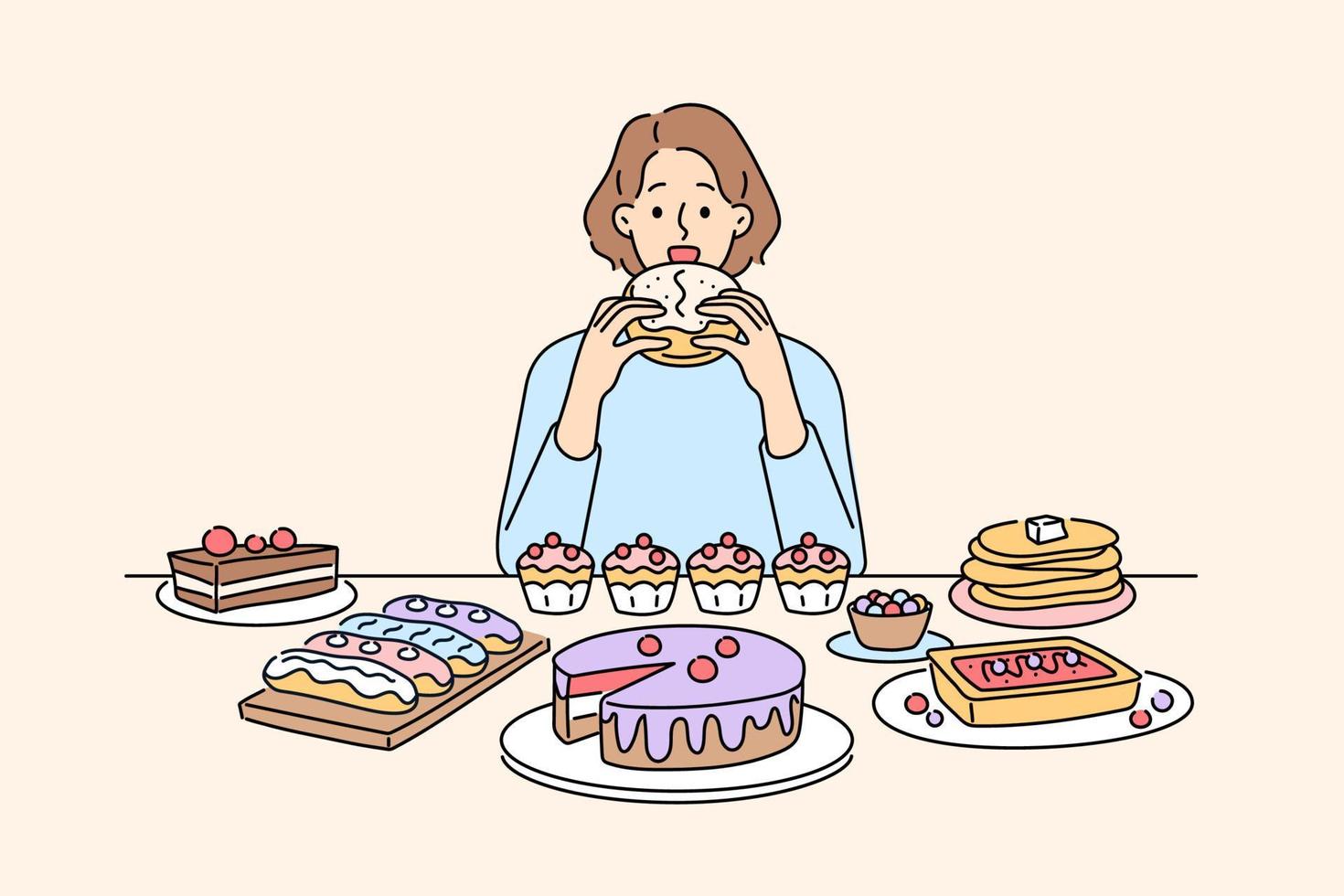 mujer sentado a escritorio comiendo muchos postres y pasteles infeliz niña comer en exceso dulce magdalenas y azúcar alimento. glotonería y comer en exceso vector ilustración.