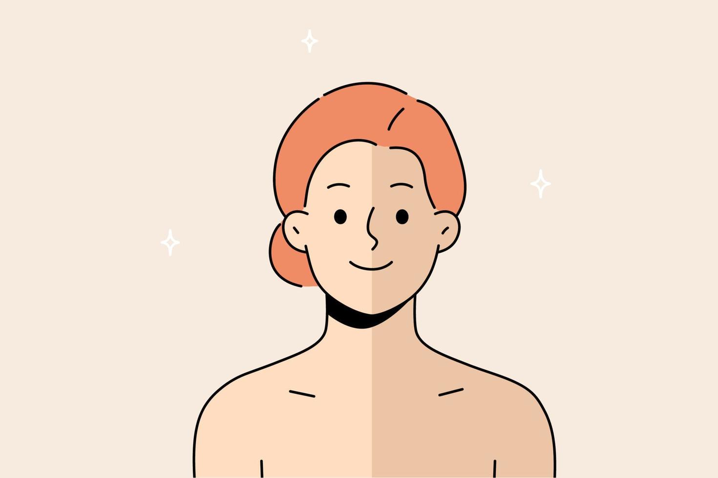 Portrait of woman with half face natural versus tan. Girl with tanned facial skin. Concept of beauty products and cosmetics. Vector illustration.