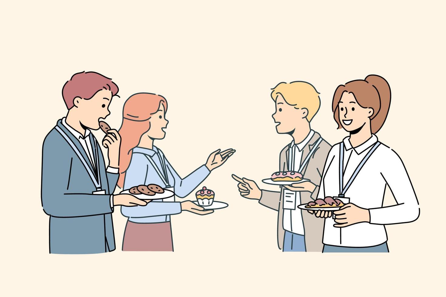 Smiling employees talk during coffee break at conference. Happy diverse businesspeople networking at lunch break at work seminar. Vector illustration.