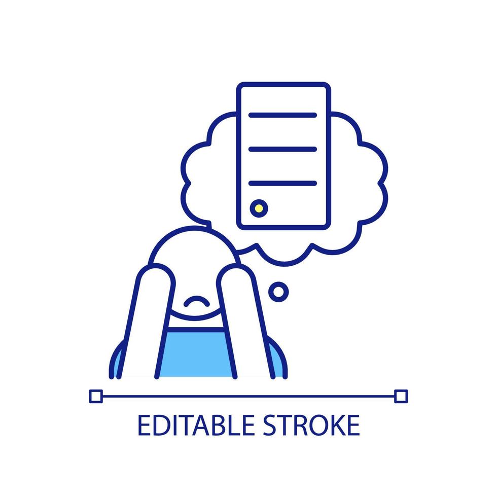 Worry of document RGB color icon. Remember about contract. Worker anxiety. Customer fear. Isolated vector illustration. Simple filled line drawing. Editable stroke