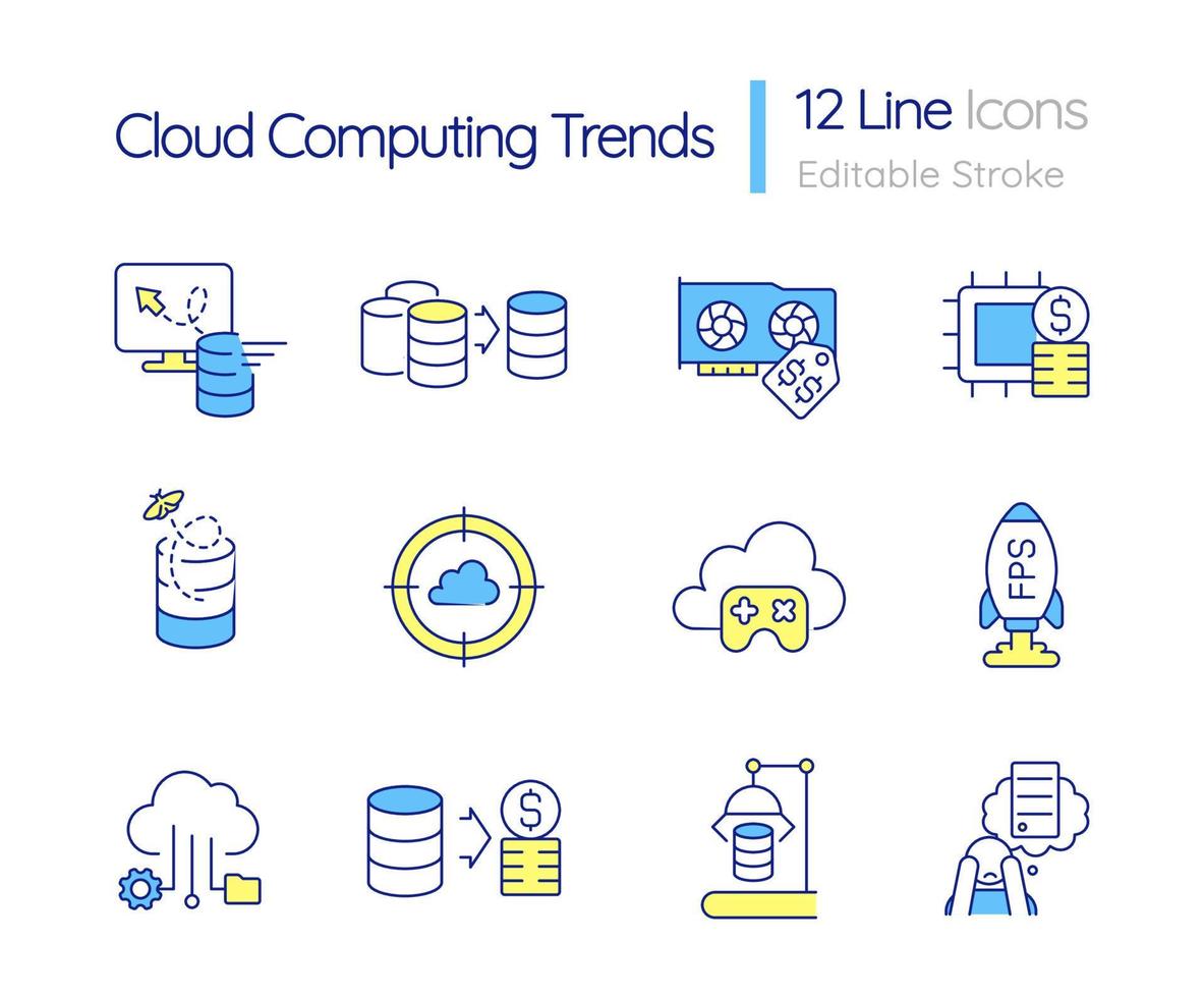 Cloud computing trends RGB color icon set. Data storage process. Collecting digital information. Isolated vector illustration. Simple filled line drawing. Editable stroke