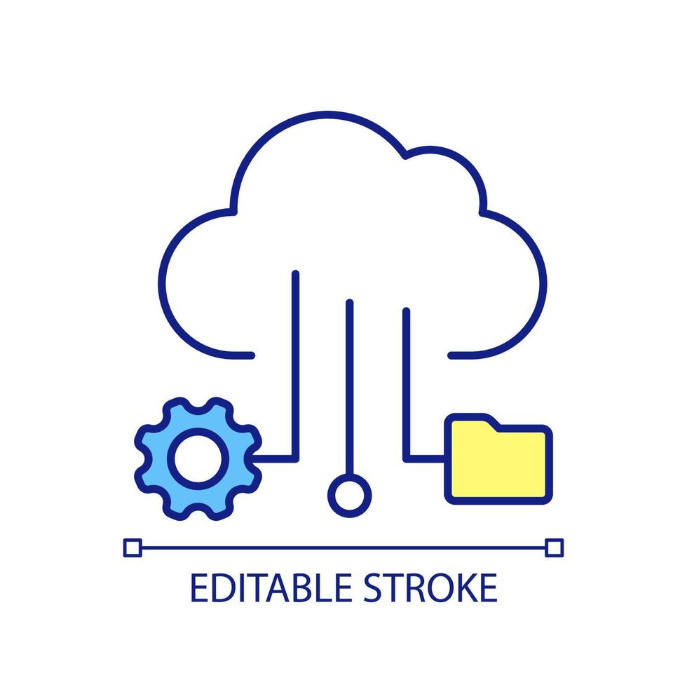 nube mejoramiento rgb color icono. almacenamiento ajustamiento. base de datos proceso. coleccionar archivos. servidor servicio. aislado vector ilustración. sencillo lleno línea dibujo. editable carrera