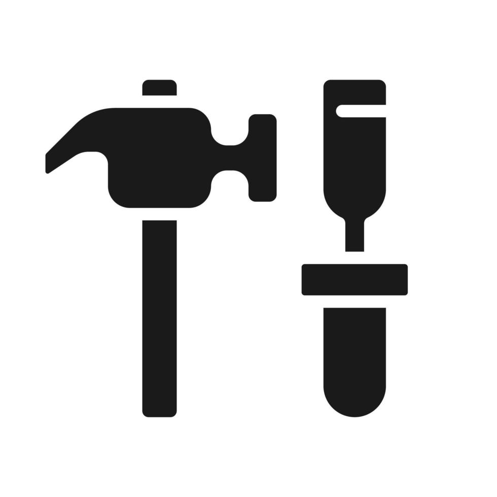 Hammer and chisel black glyph icon. Manual instruments for miners. Ore extraction. Coal mining. Heavy industry. Silhouette symbol on white space. Solid pictogram. Vector isolated illustration
