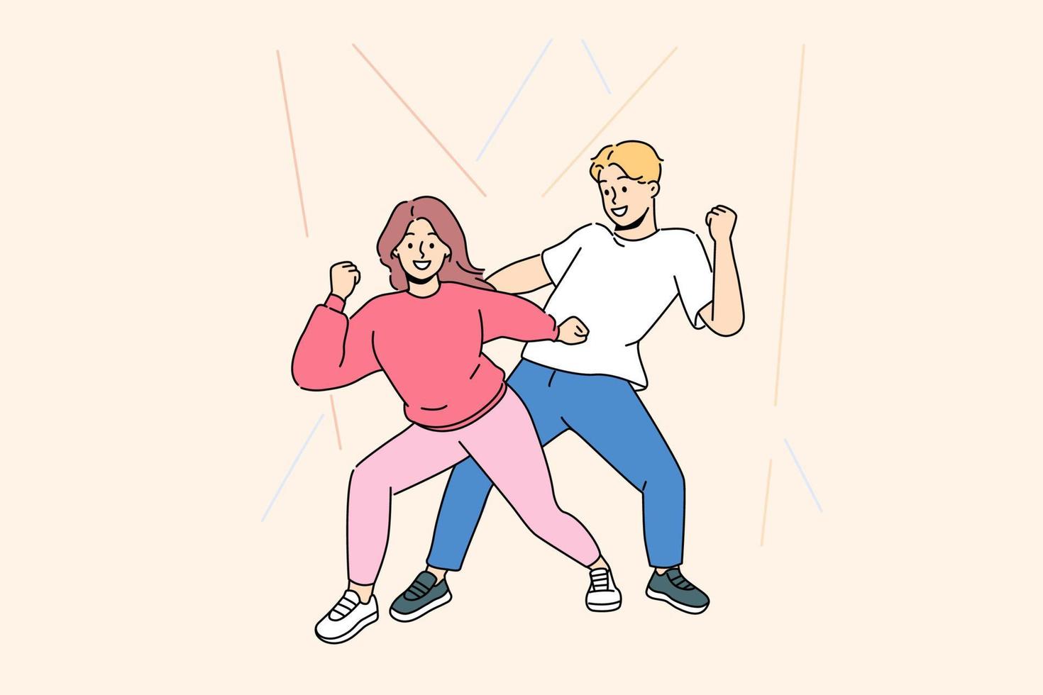 Happy man and woman have fun dancing hip hop together. Smiling couple in bright clothes engaged in dancing activity. Hobby and leisure. Vector illustration.