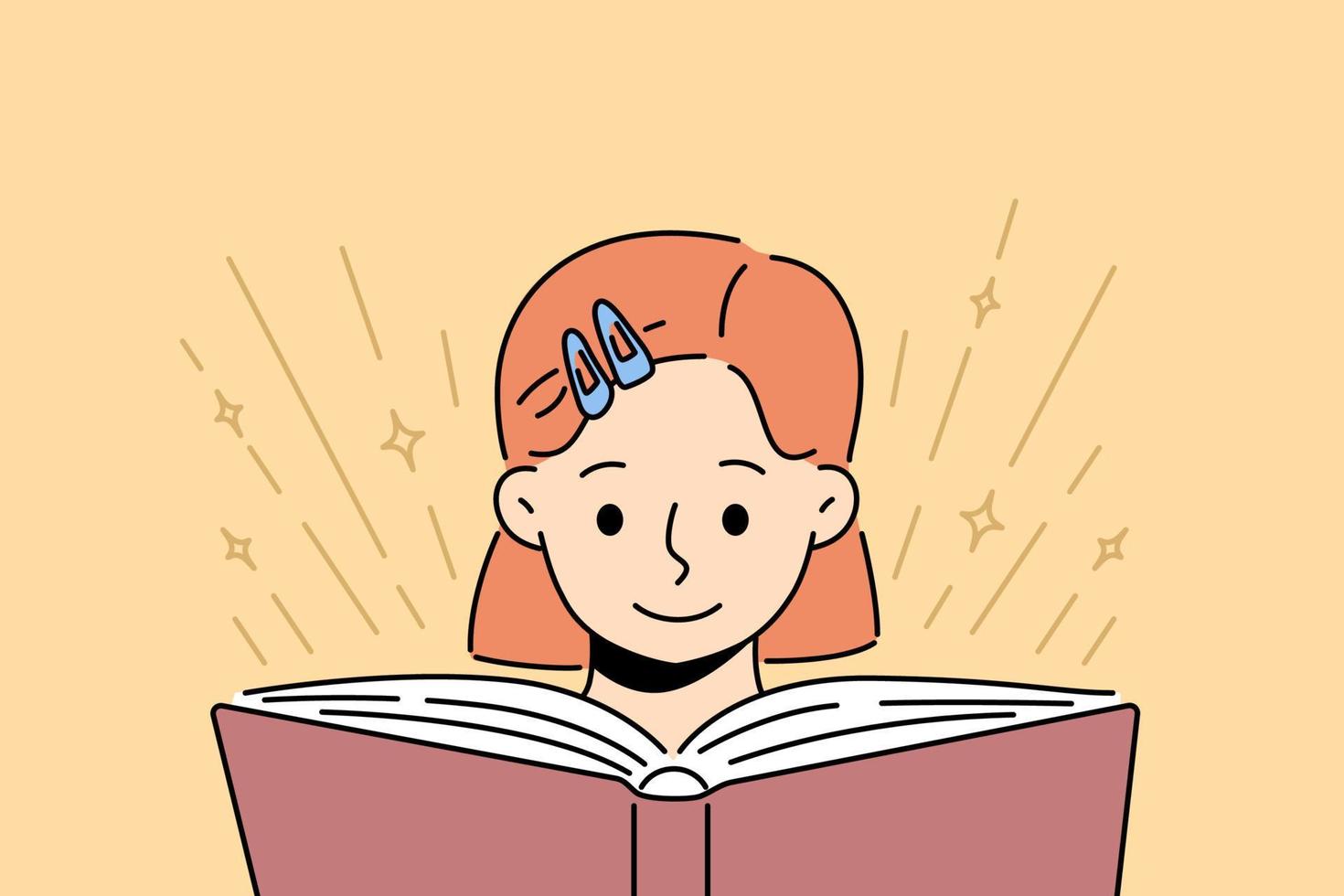 Smiling little girl kid reading book. Happy child engaged in literature reading. Childhood education and learning. Vector illustration.