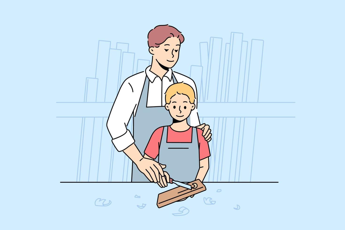 Caring father teach son carpentry in workshop. Loving dad and little boy child engaged in artisan and woodwork. Hobby and leisure. Vector illustration.