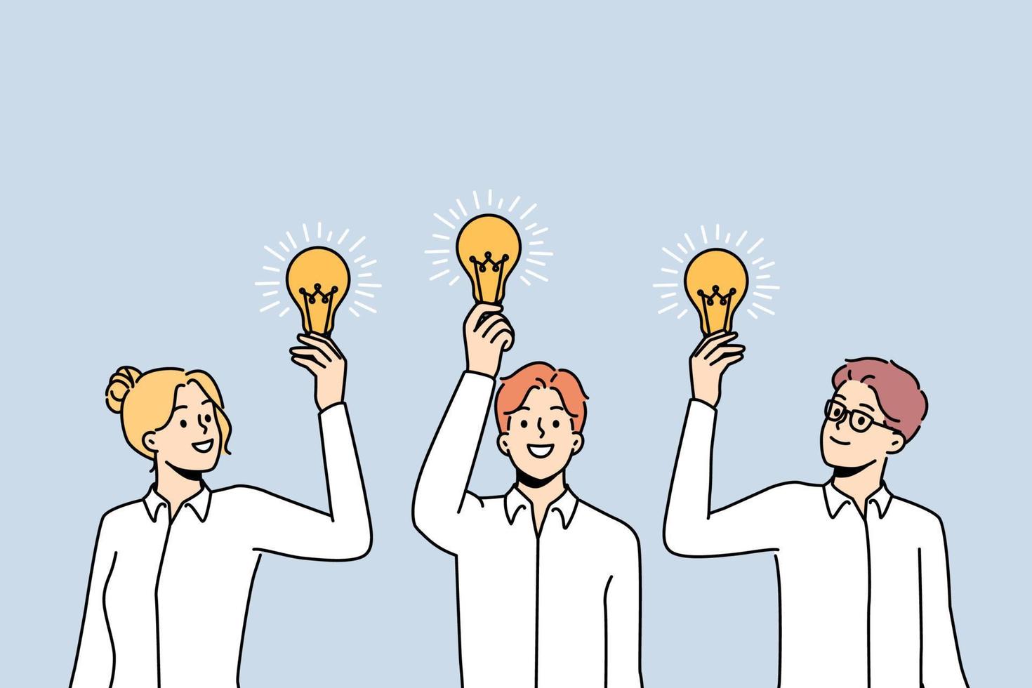 Smiling businesspeople with lightbulbs in hands generate creative ideas. Happy employees with light bulbs brainstorm develop business project or thought. Vector illustration.