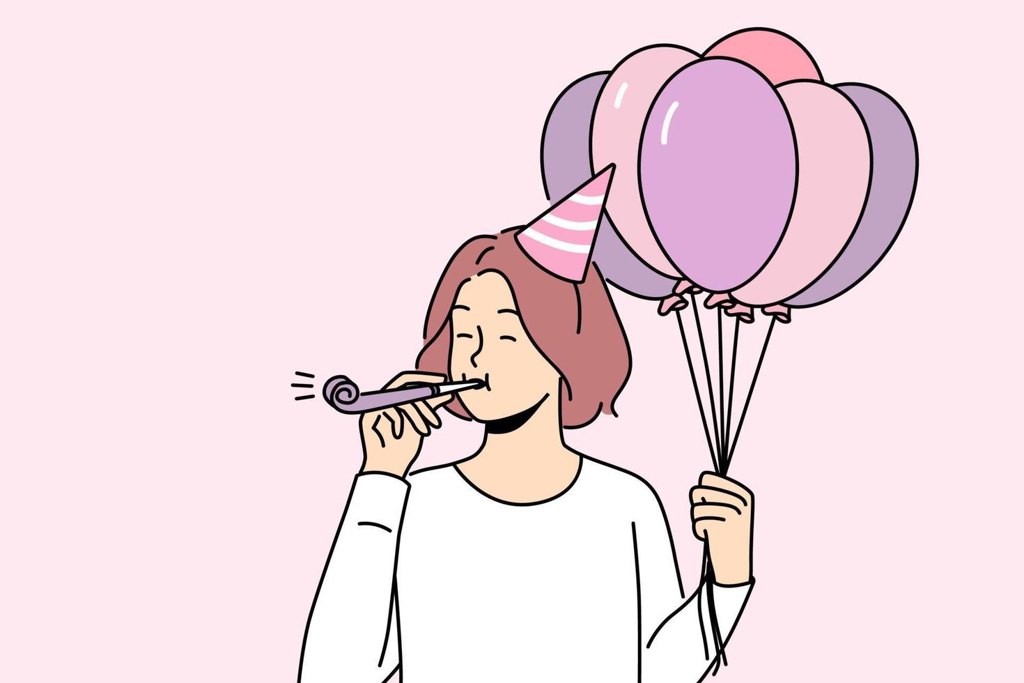 Excited girl with balloons blow in whistle celebrate birthday. Happy woman have fun on anniversary celebration. Vector illustration.