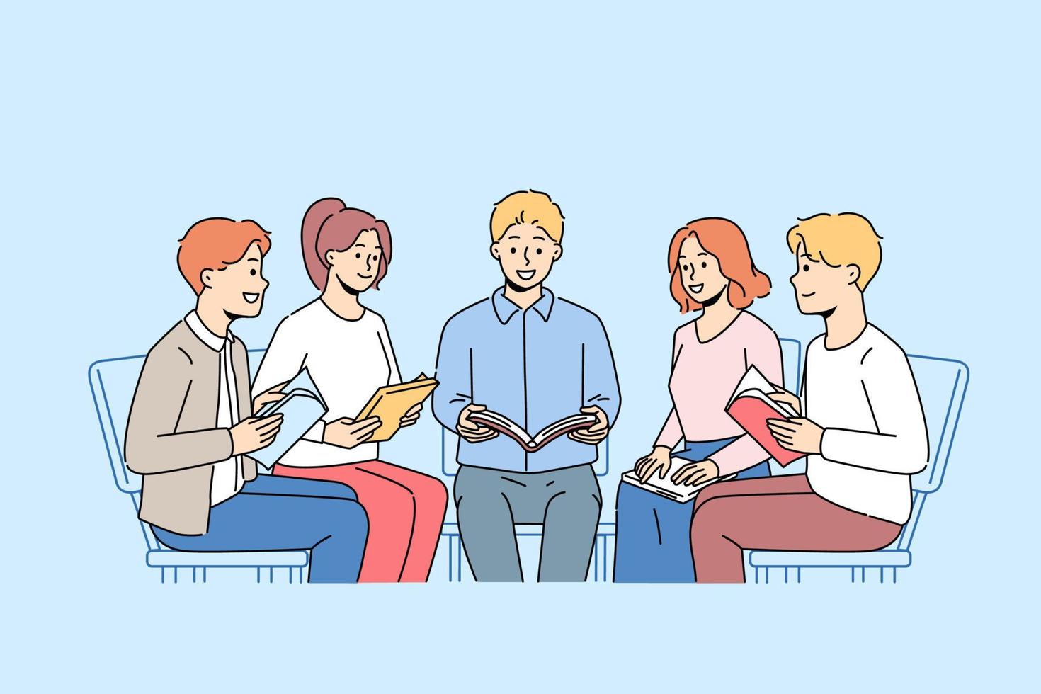 contento diverso personas sentar en circulo leyendo libro juntos. sonriente grupo leer y discutir Biblia a reunión. pasatiempo y ocio. vector ilustración.