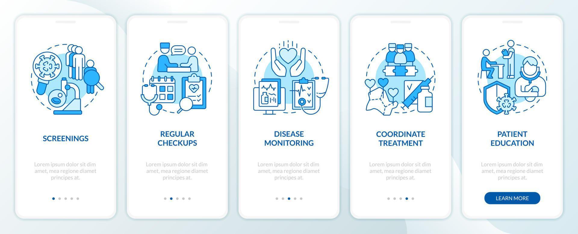 Chronic disease management approach blue onboarding mobile app screen. Walkthrough 5 steps editable graphic instructions with linear concepts. UI, UX, GUI template vector