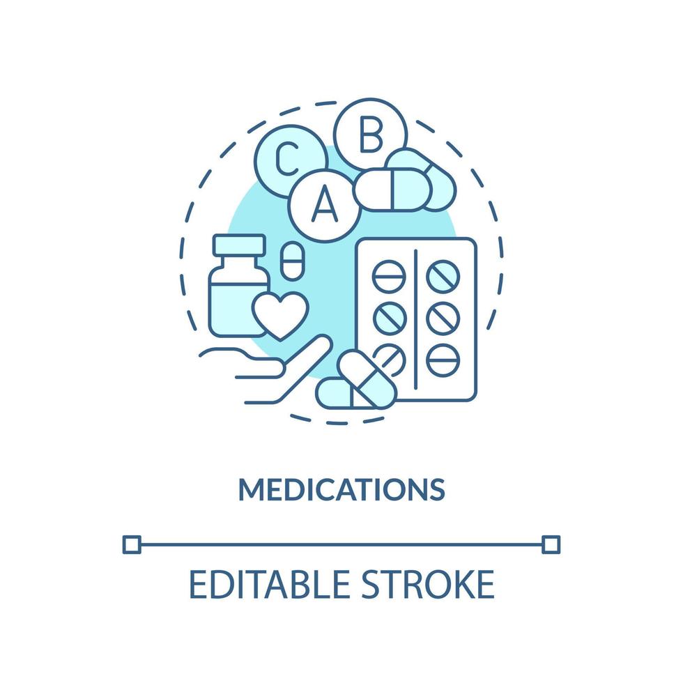 Medications blue concept icon. Pills. Chronic disease comprehensive care plan abstract idea thin line illustration. Isolated outline drawing. Editable stroke vector