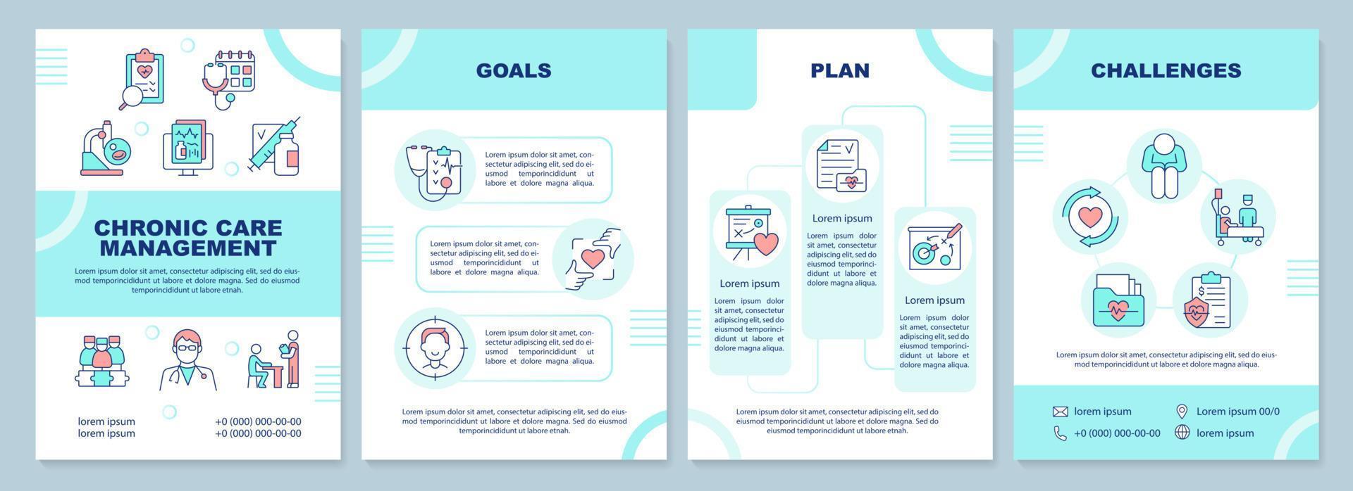 Chronic care management turquoise brochure template. Leaflet design with linear icons. Editable 4 vector layouts for presentation, annual reports