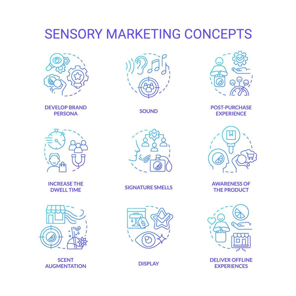 Sensory marketing blue gradient concept icons set. Appealing to customer senses idea thin line color illustrations. Brand development. Isolated symbols vector