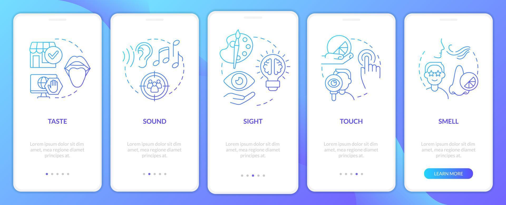 Sensory receptors in advertising blue gradient onboarding mobile app screen. Walkthrough 5 steps graphic instructions with linear concepts. UI, UX, GUI template vector