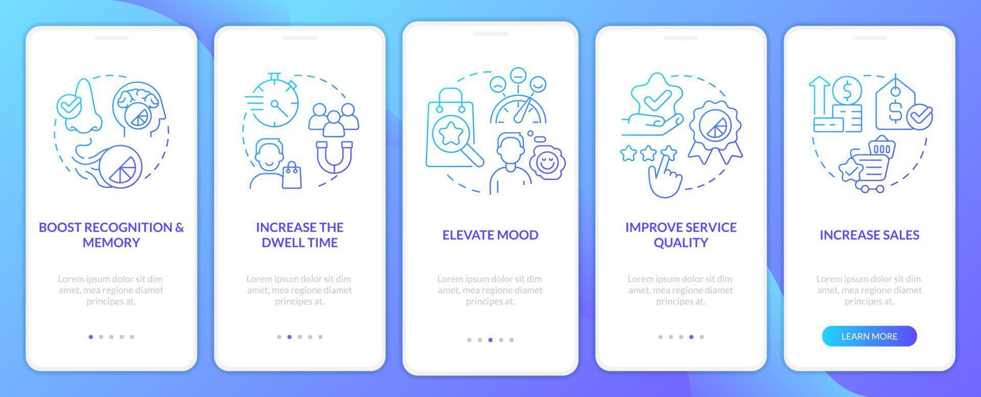 Ambient scent marketing pros blue gradient onboarding mobile app screen. Walkthrough 5 steps graphic instructions with linear concepts. UI, UX, GUI template vector