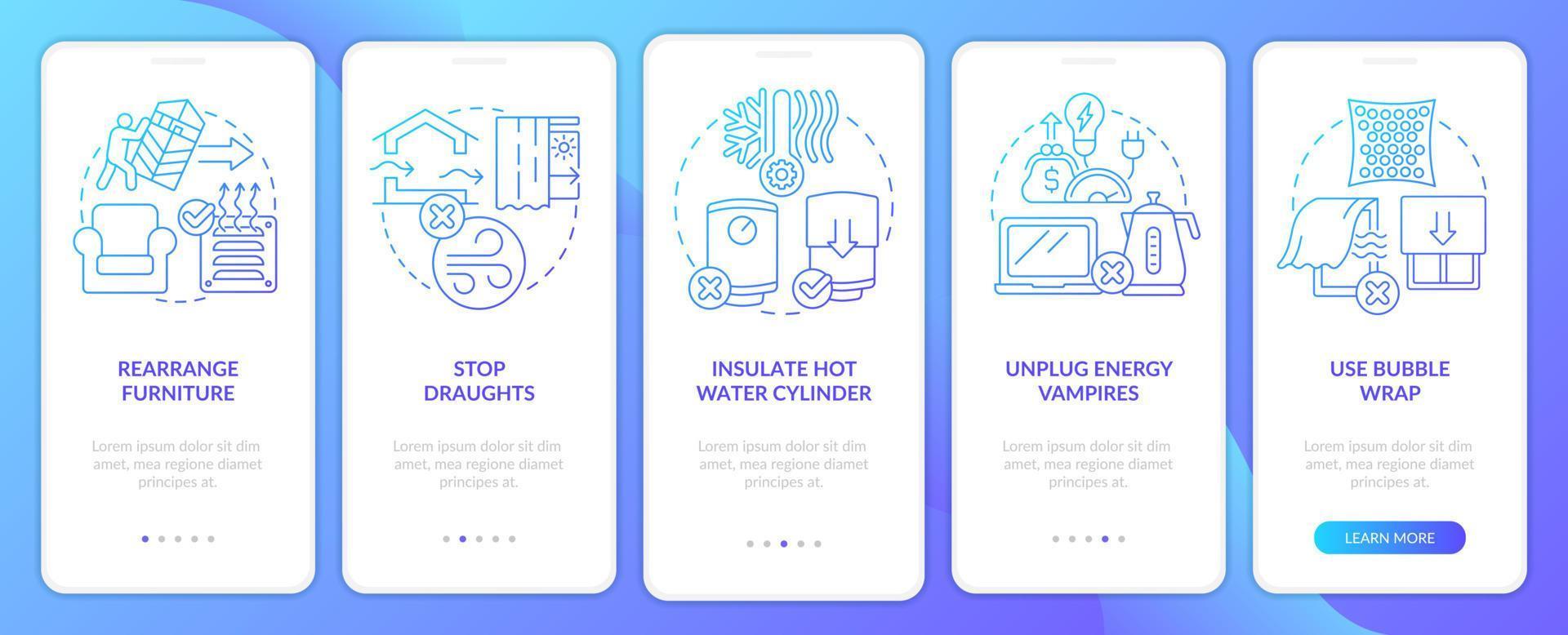 Reduce energy usage tips onboarding blue gradient mobile app screen. Walkthrough 5 steps graphic instructions with linear concepts. UI, UX, GUI template vector