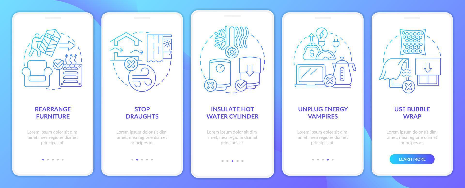 reducir energía uso consejos inducción azul degradado móvil aplicación pantalla. recorrido 5 5 pasos gráfico instrucciones con lineal conceptos. ui, ux, gui modelo vector