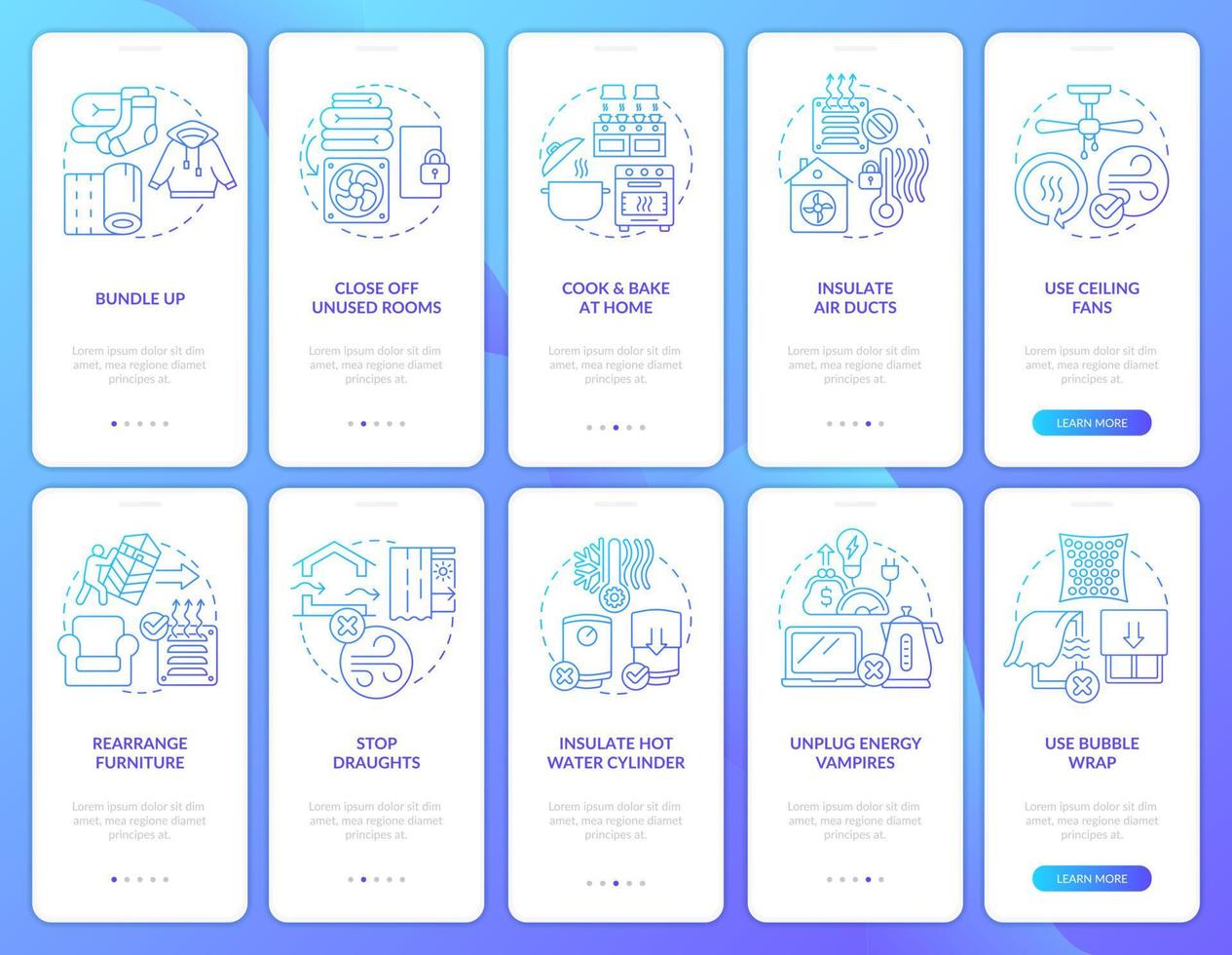 reducir calor energía consumo inducción azul degradado móvil aplicación pantalla colocar. recorrido 5 5 pasos gráfico instrucciones con lineal conceptos. ui, ux, gui modelo vector