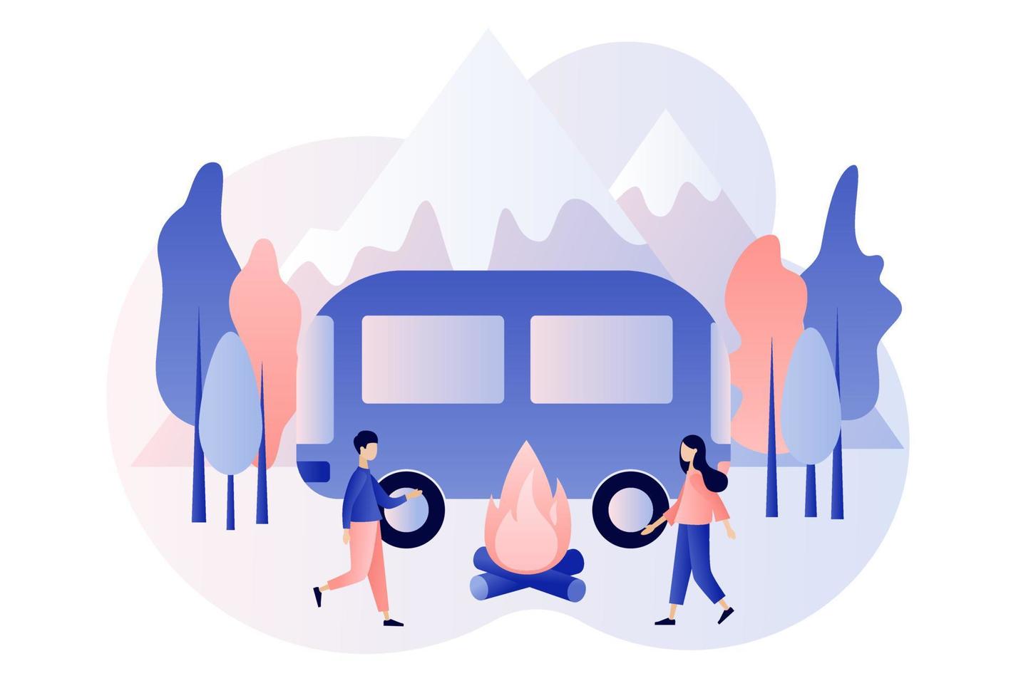 Camping concept. Nature tourism. Tiny people in summer camp with camping car, tent, campfire, mountains and forest. Modern flat cartoon style. Vector illustration on white background