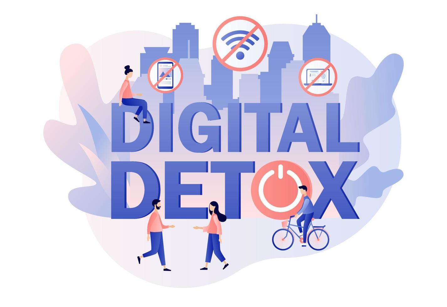 Digital detox. Freedom from internet, smartphones and social media. Tiny people relax in nature. Offline life. Power button. Modern flat cartoon style. Vector illustration on white background