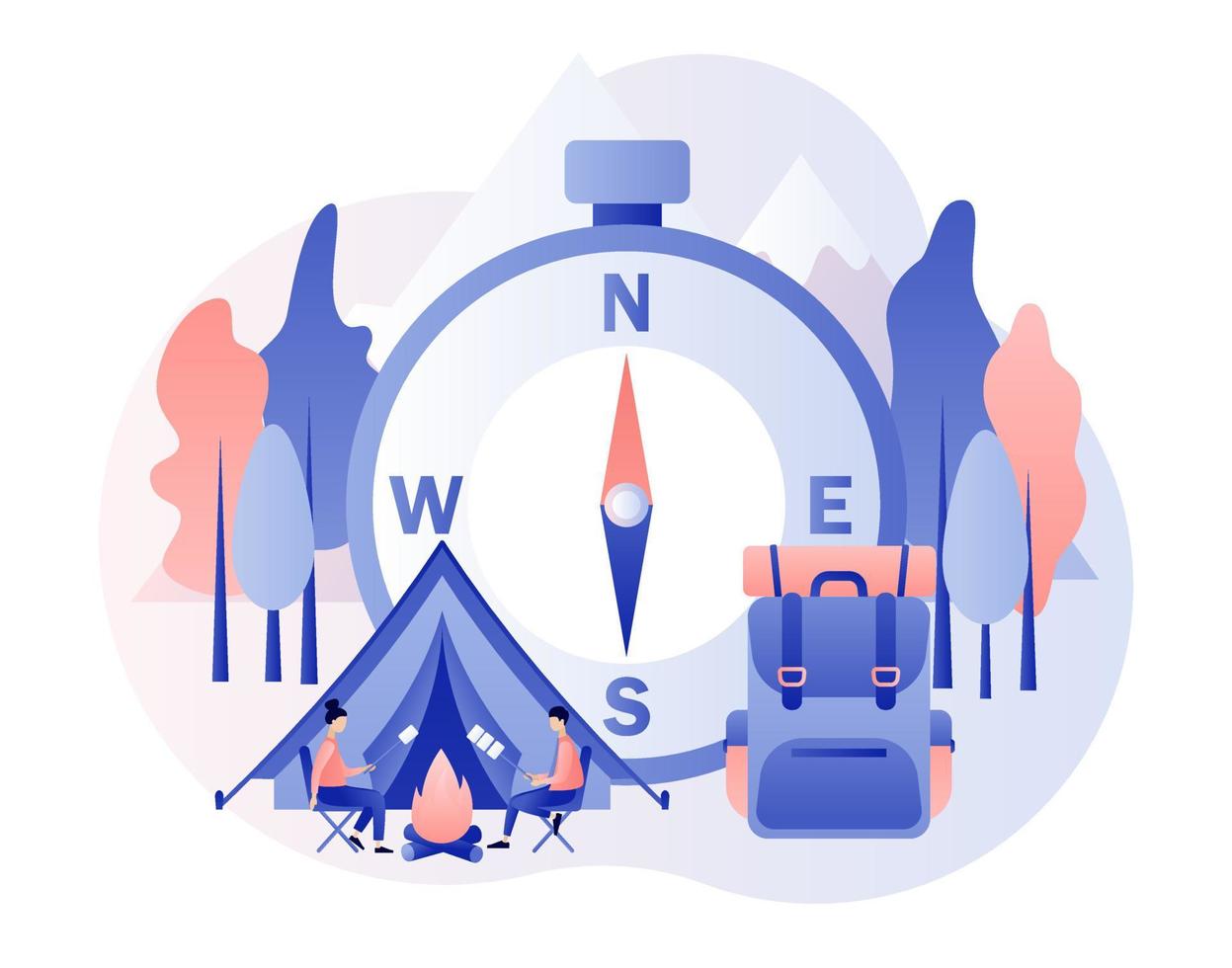 Camping concept. Nature tourism. Tiny people in summer camp with big compass, travel backpack, tent, campfire, mountains and forest. Modern flat cartoon style. Vector illustration on white background